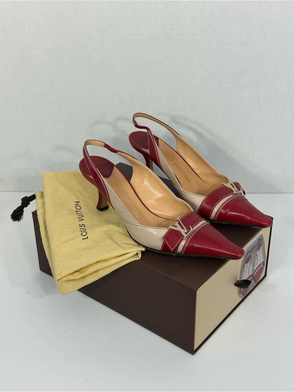 Authentic vintage Louis Vuitton Red and Cream Leather Sling Back Kitten Heel